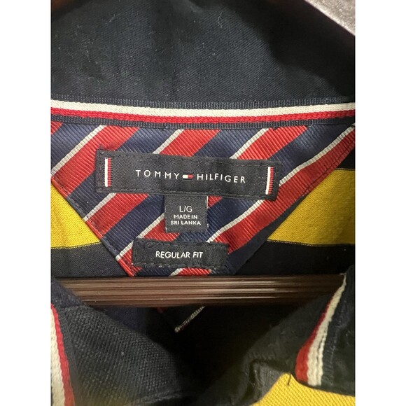 Tommy Hilfiger Polo Shirt Mens Large Large Blue Yellow Stripes Slim Rugby Patch - Picture 3 of 8